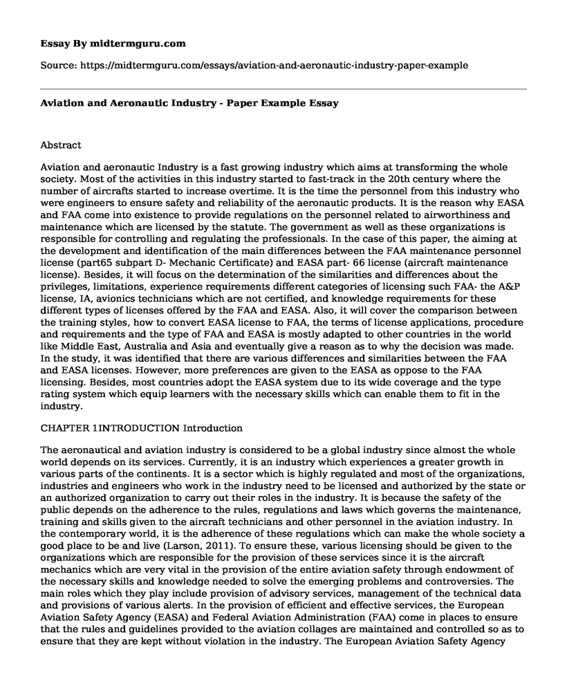 Aviation and Aeronautic Industry - Paper Example