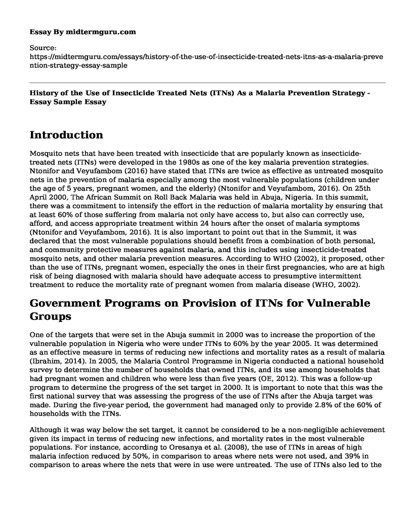 History of the Use of Insecticide Treated Nets (ITNs) As a Malaria Prevention Strategy - Essay Sample