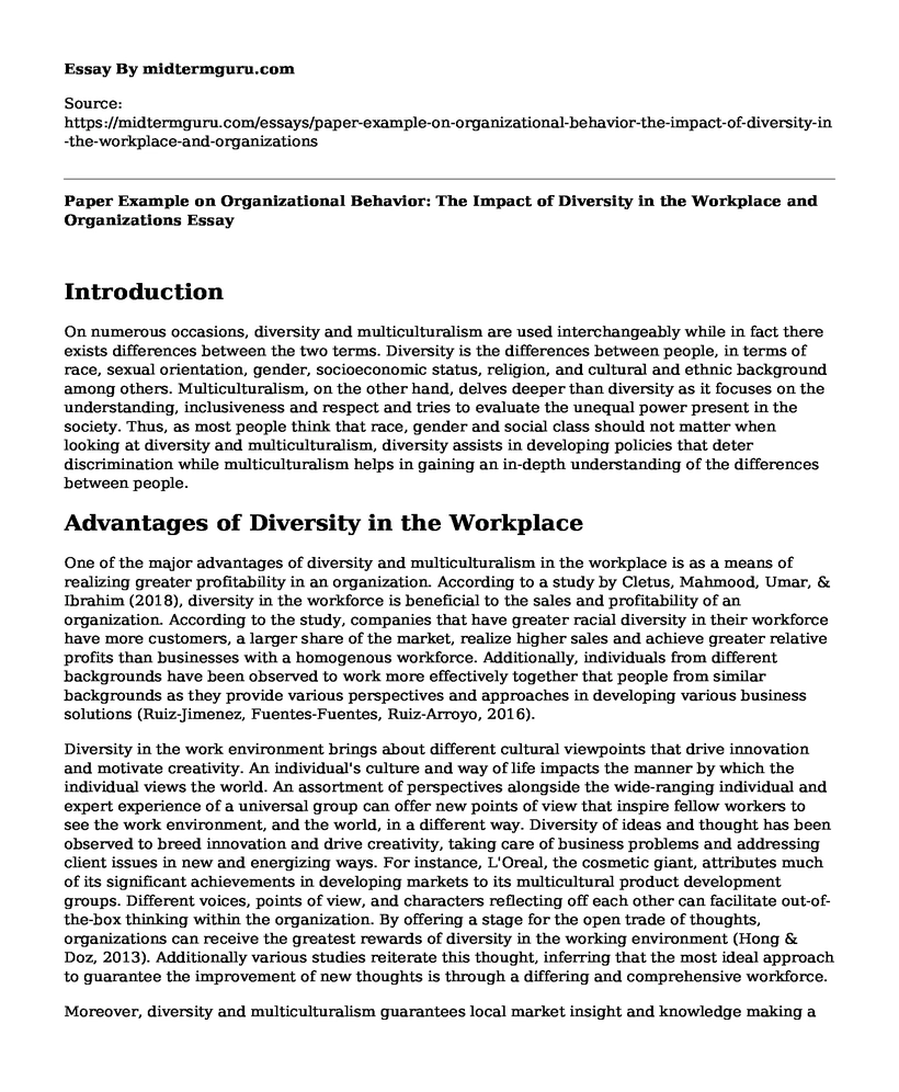 Paper Example on Organizational Behavior: The Impact of Diversity in the Workplace and Organizations