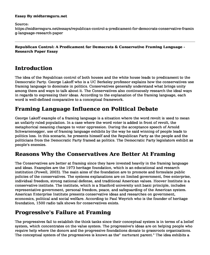 Republican Control: A Predicament for Democrats & Conservative Framing Language - Research Paper