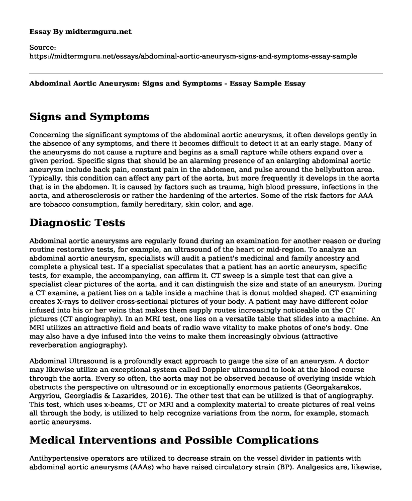 Abdominal Aortic Aneurysm: Signs and Symptoms - Essay Sample