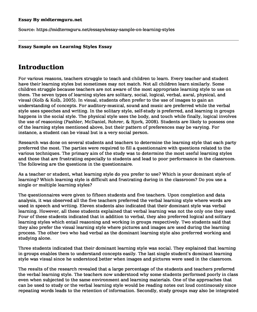 Essay Sample on Learning Styles