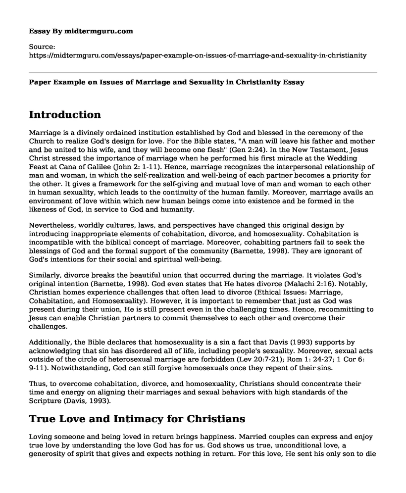 Paper Example on Issues of Marriage and Sexuality in Christianity