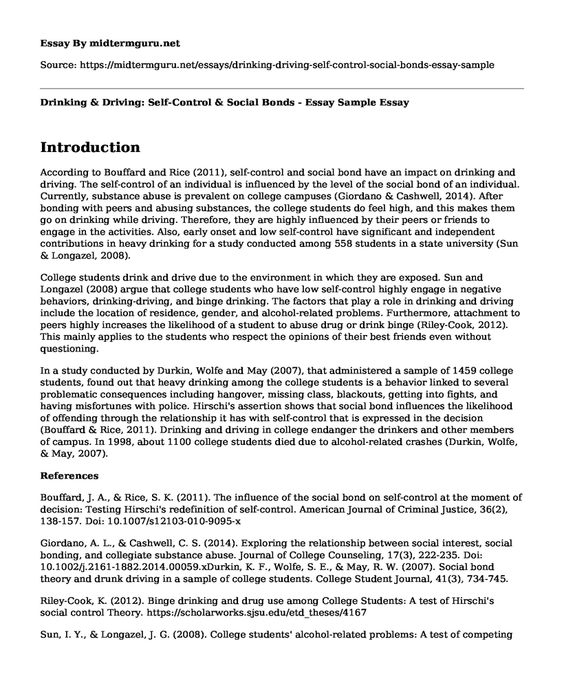 Drinking & Driving: Self-Control & Social Bonds - Essay Sample