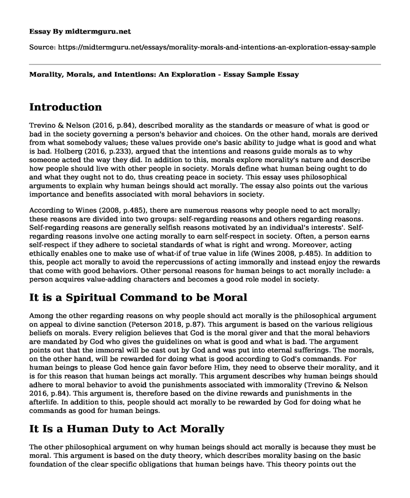 Morality, Morals, and Intentions: An Exploration - Essay Sample