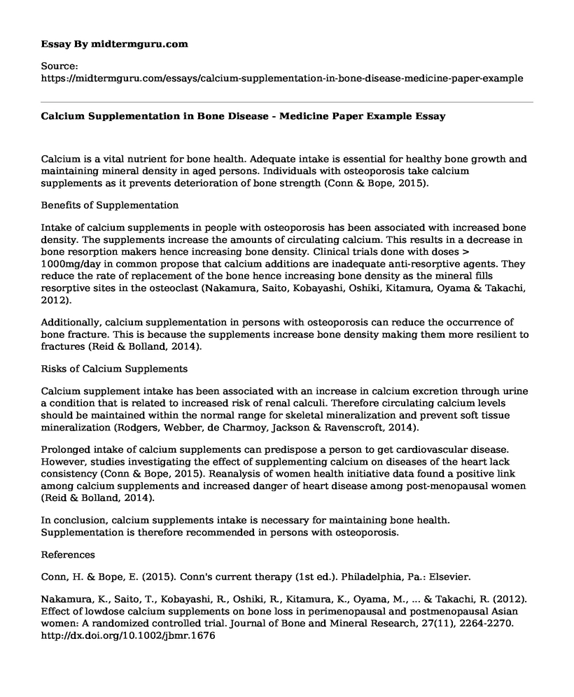 Calcium Supplementation in Bone Disease - Medicine Paper Example