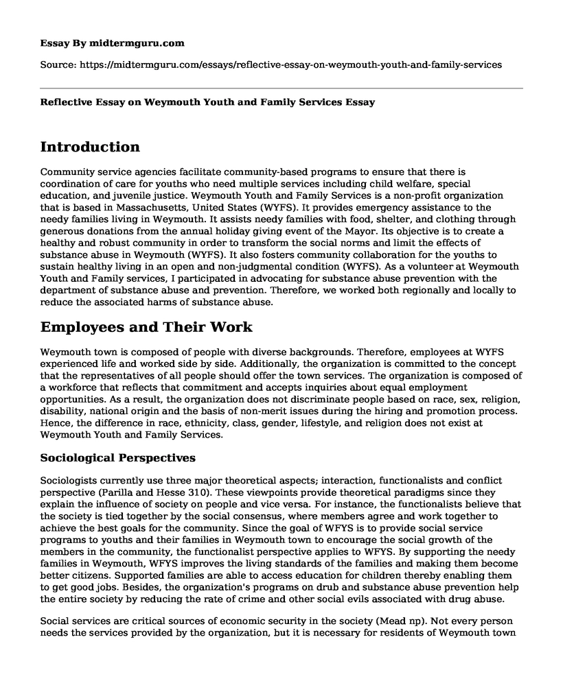 Reflective Essay on Weymouth Youth and Family Services
