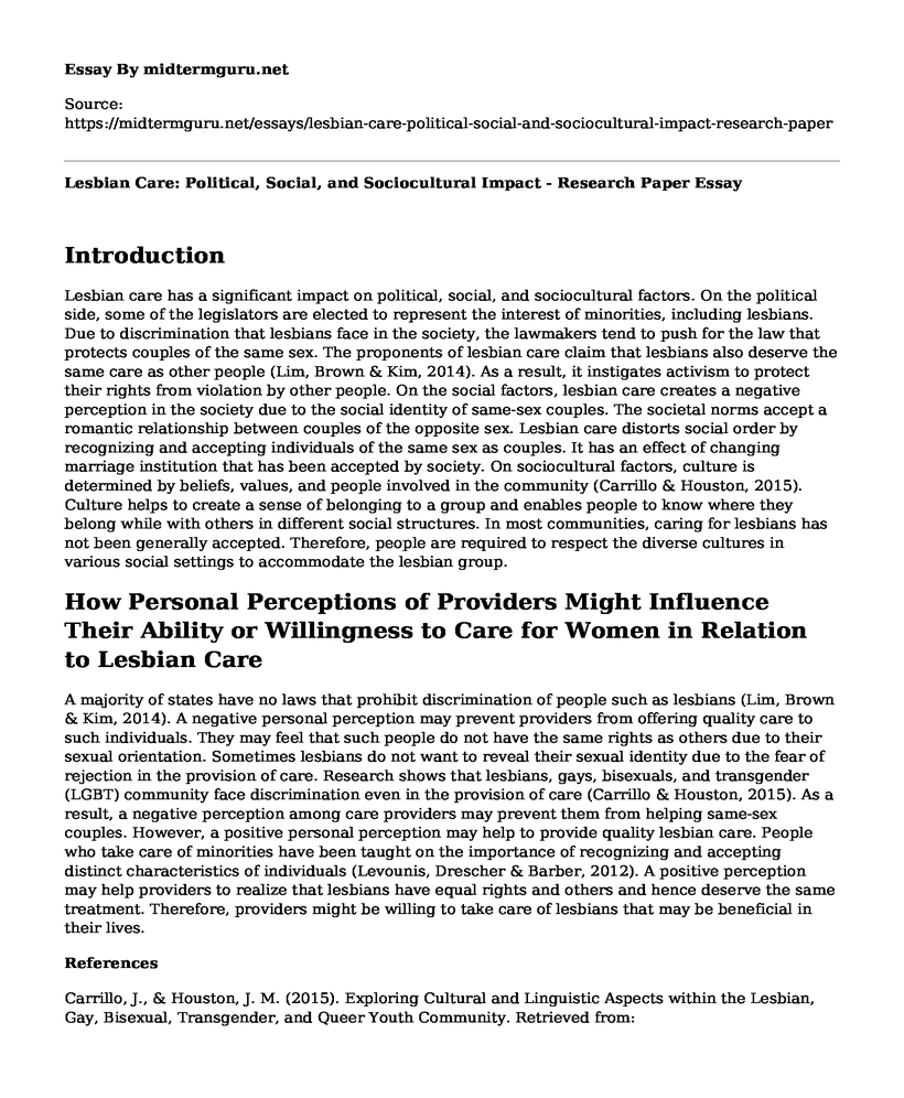 Lesbian Care: Political, Social, and Sociocultural Impact - Research Paper