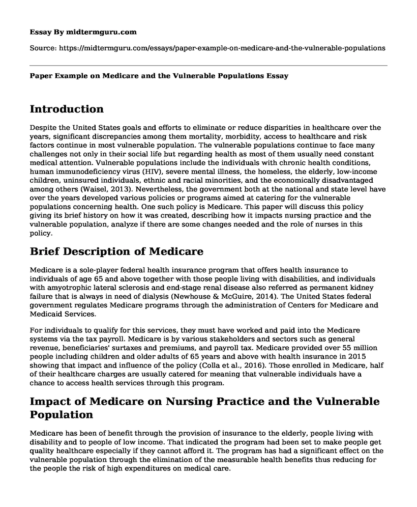 Paper Example on Medicare and the Vulnerable Populations