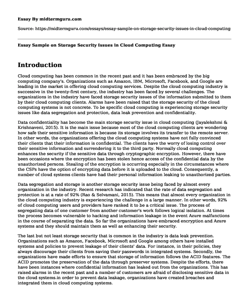 Essay Sample on Storage Security Issues in Cloud Computing