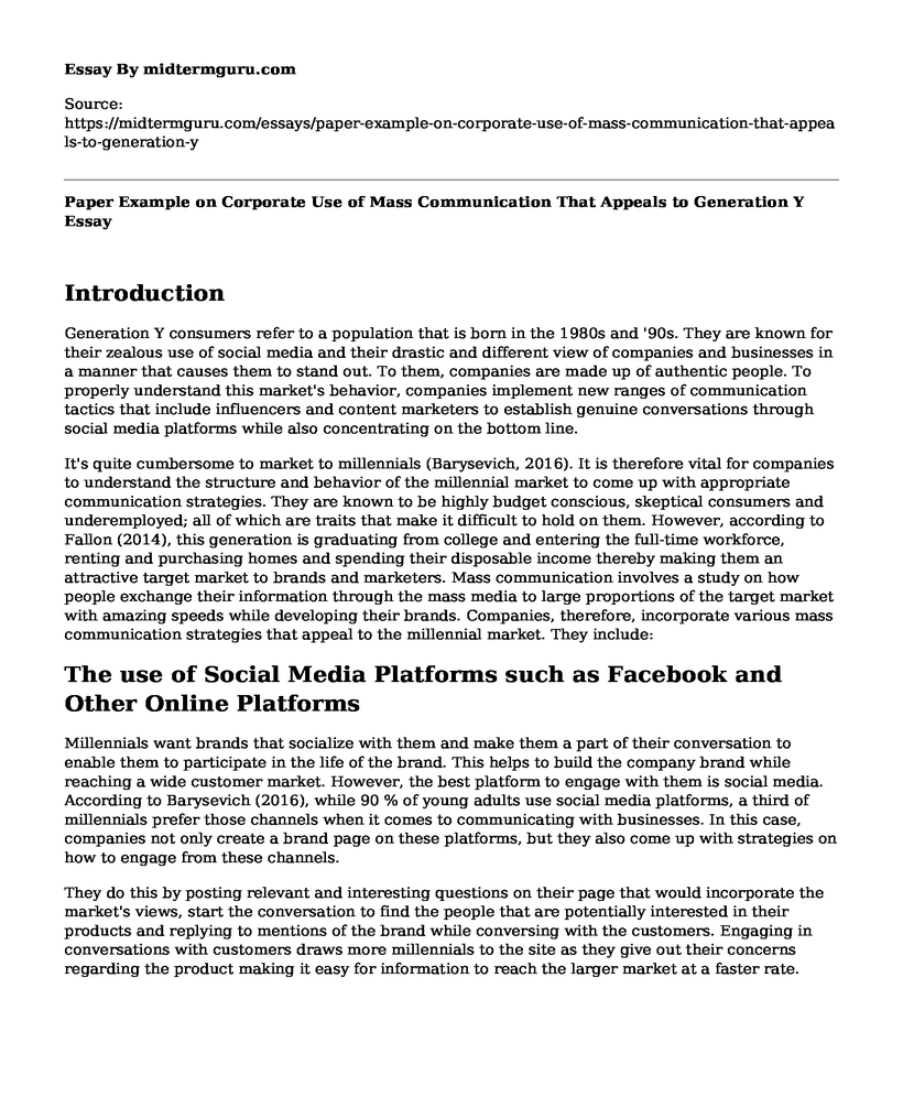 Paper Example on Corporate Use of Mass Communication That Appeals to Generation Y