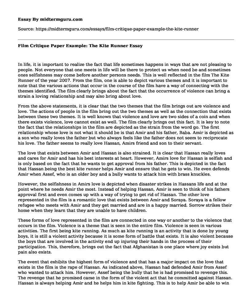 Film Critique Paper Example: The Kite Runner
