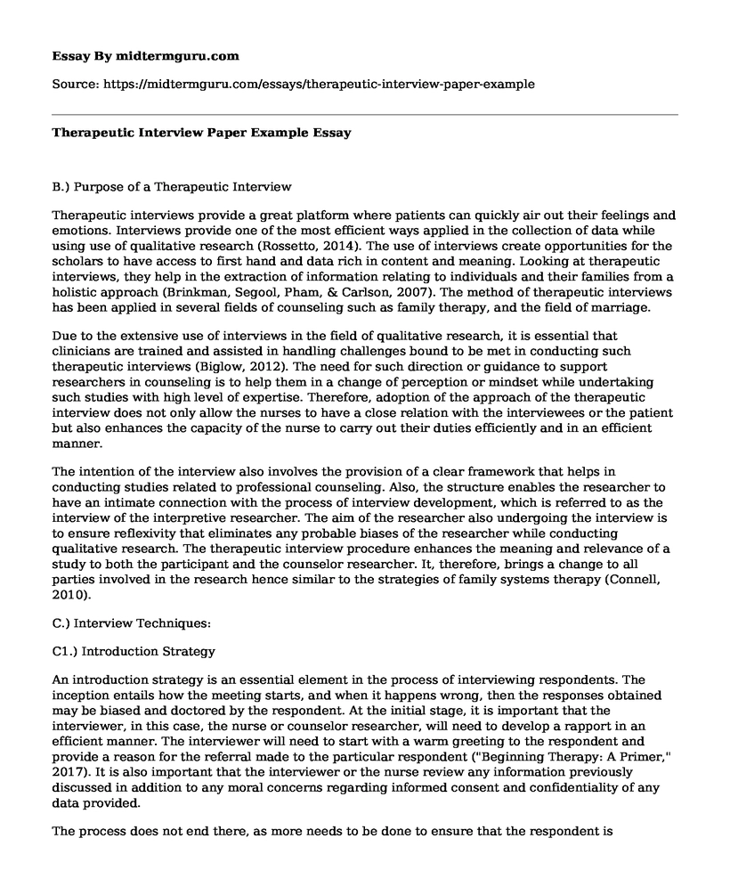 Therapeutic Interview Paper Example