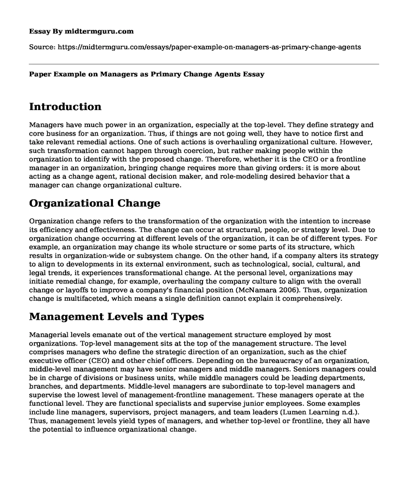 Paper Example on Managers as Primary Change Agents