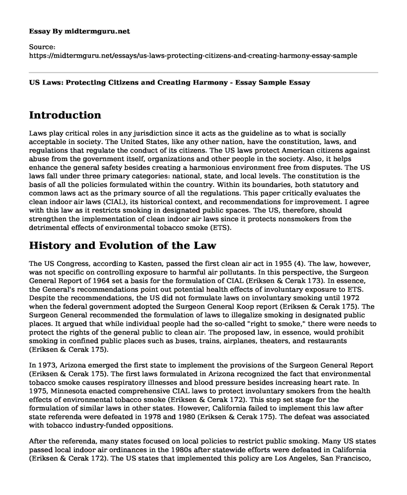 US Laws: Protecting Citizens and Creating Harmony - Essay Sample