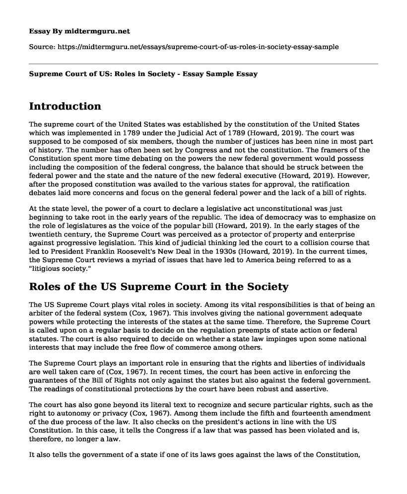 Supreme Court of US: Roles in Society - Essay Sample