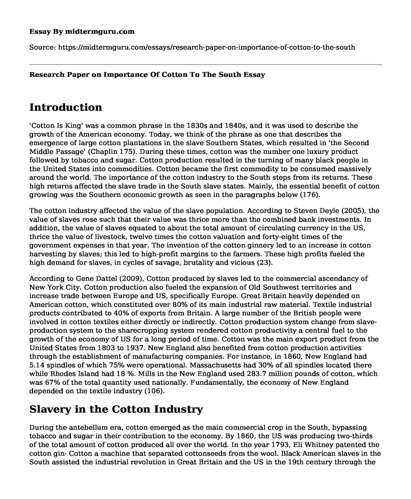 Research Paper on Importance Of Cotton To The South