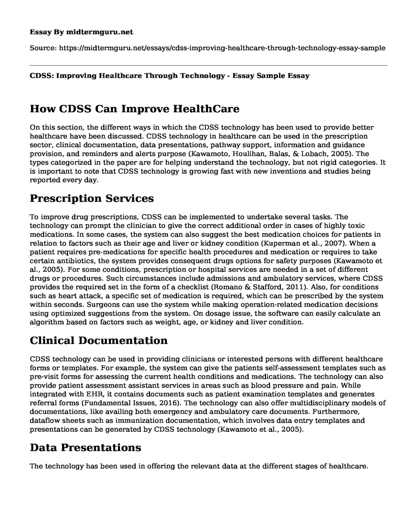 CDSS: Improving Healthcare Through Technology - Essay Sample
