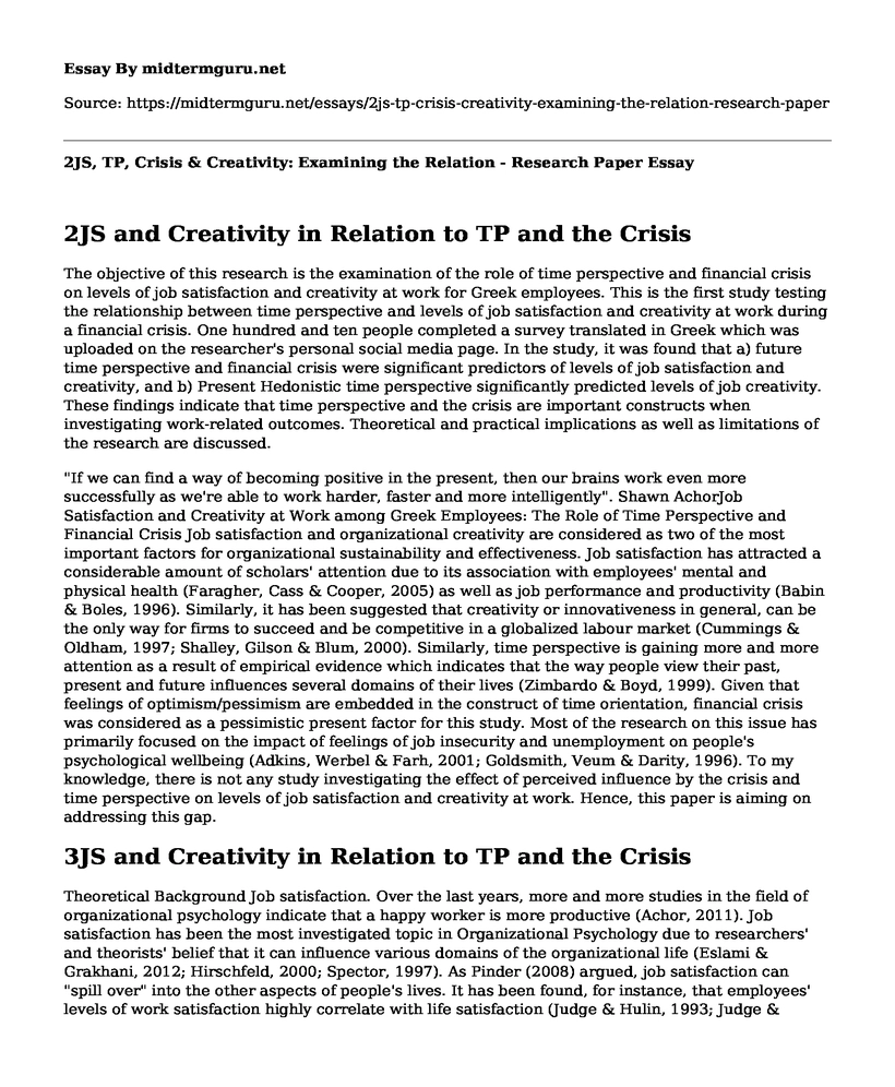 2JS, TP, Crisis & Creativity: Examining the Relation - Research Paper