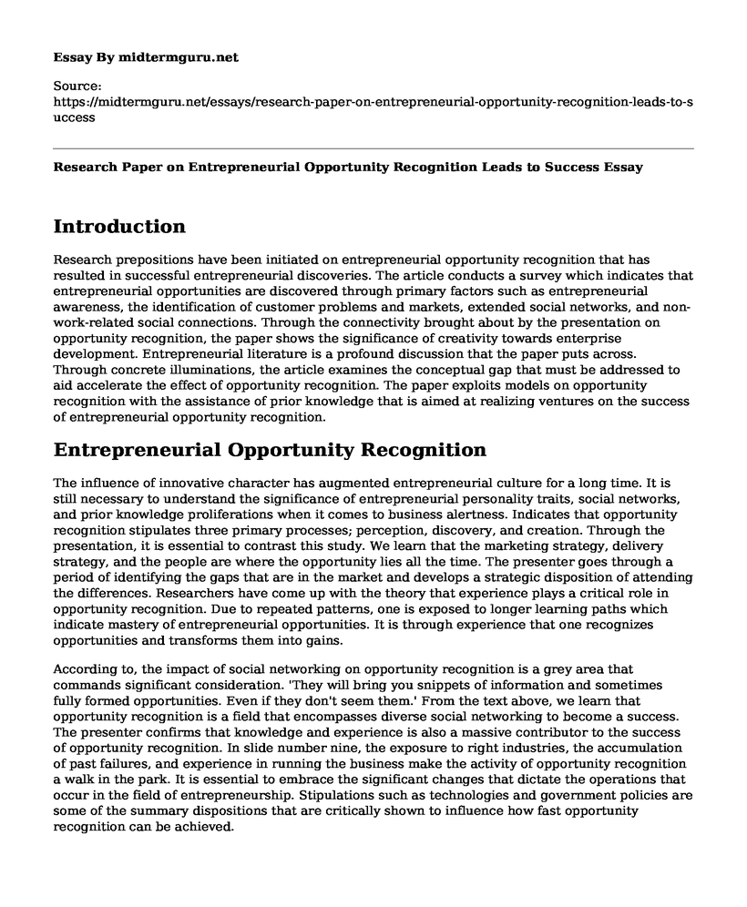 Research Paper on Entrepreneurial Opportunity Recognition Leads to Success