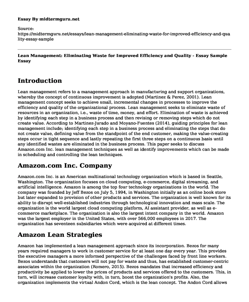 Lean Management: Eliminating Waste for Improved Efficiency and Quality - Essay Sample