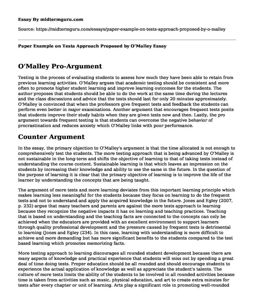 Paper Example on Tests Approach Proposed by O'Malley