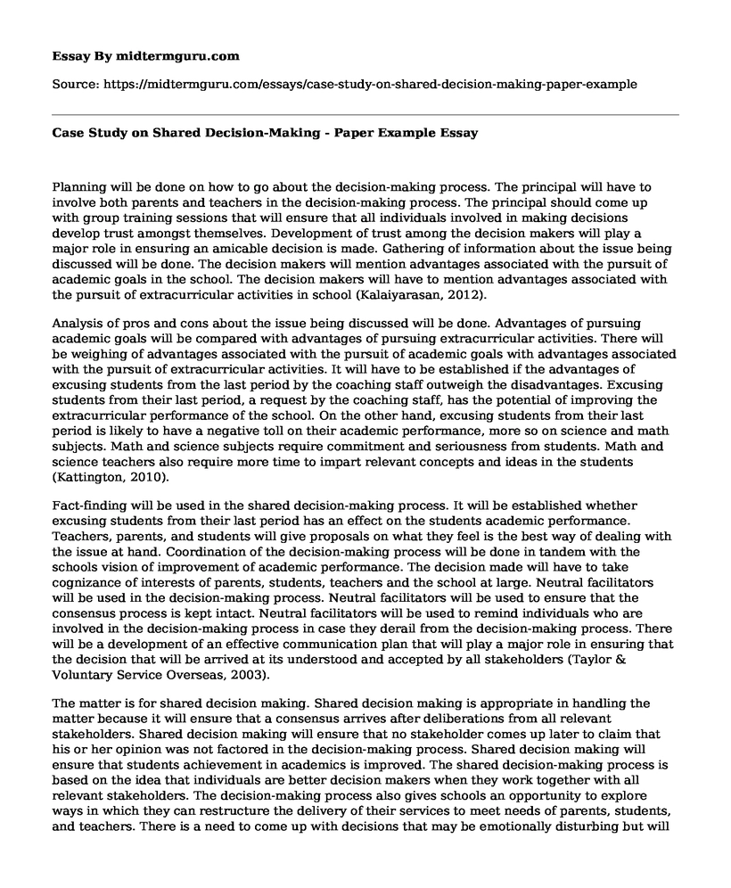 Case Study on Shared Decision-Making - Paper Example