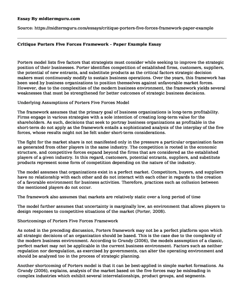 Critique Porters Five Forces Framework - Paper Example