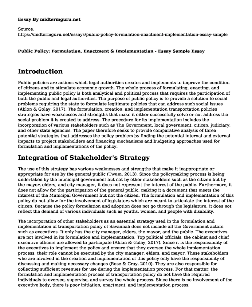 Public Policy: Formulation, Enactment & Implementation - Essay Sample