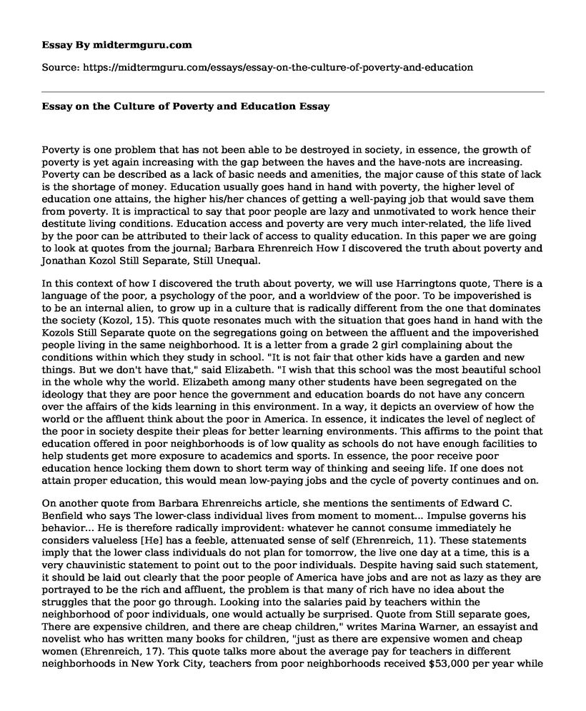 Essay on the Culture of Poverty and Education