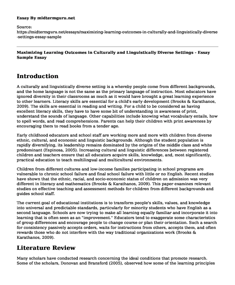 Maximizing Learning Outcomes in Culturally and Linguistically Diverse Settings - Essay Sample