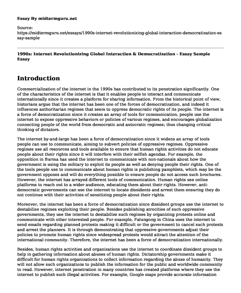 1990s: Internet Revolutionizing Global Interaction & Democratization - Essay Sample