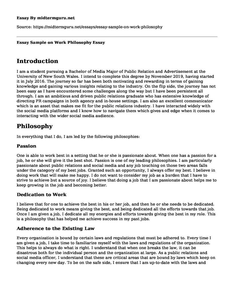 Essay Sample on Work Philosophy