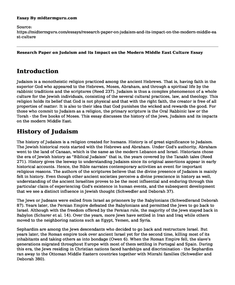 Research Paper on Judaism and its Impact on the Modern Middle East Culture