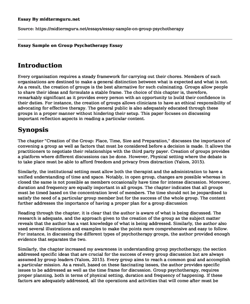 Essay Sample on Group Psychotherapy
