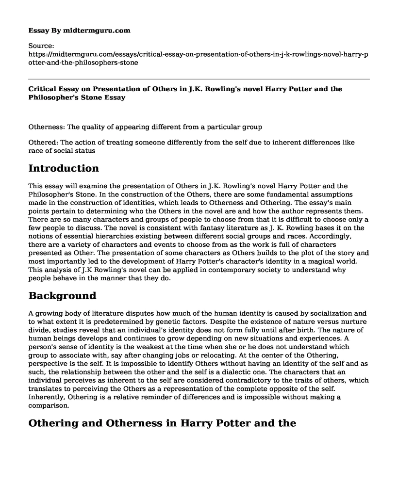 Critical Essay on Presentation of Others in J.K. Rowling's novel Harry Potter and the Philosopher's Stone