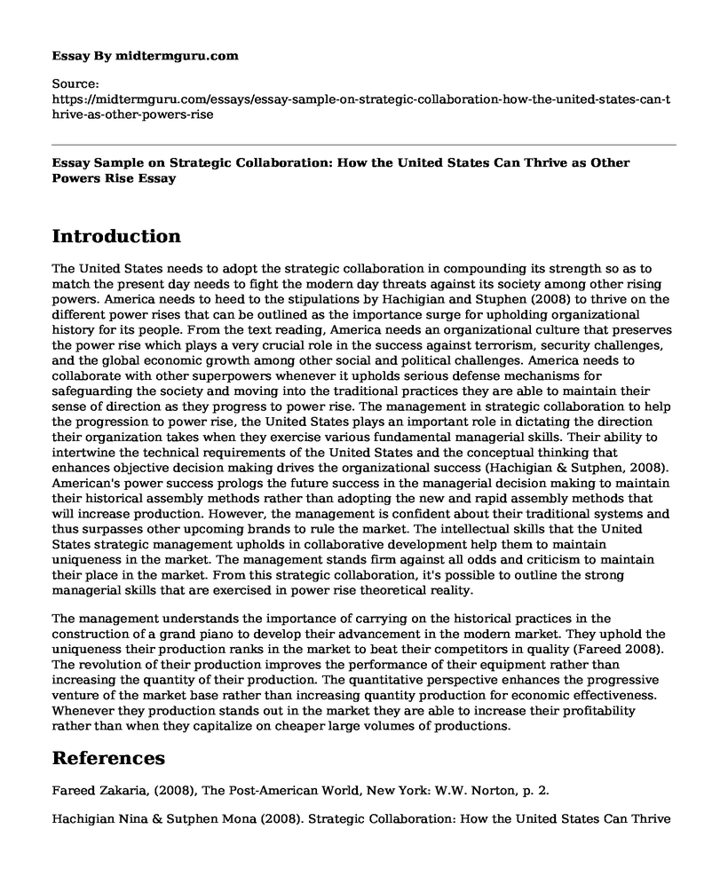 Essay Sample on Strategic Collaboration: How the United States Can Thrive as Other Powers Rise