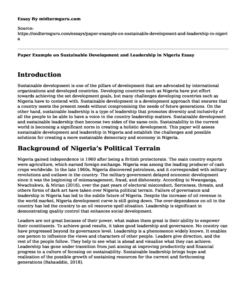 Paper Example on Sustainable Development and Leadership in Nigeria