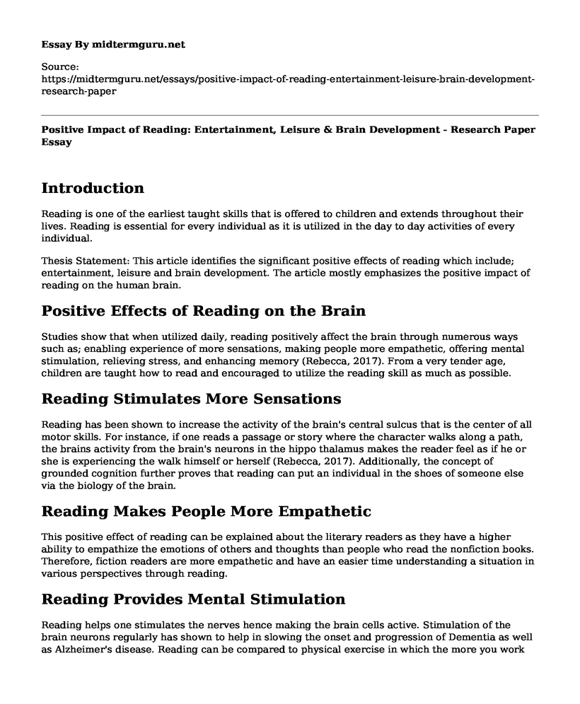 Positive Impact of Reading: Entertainment, Leisure & Brain Development - Research Paper