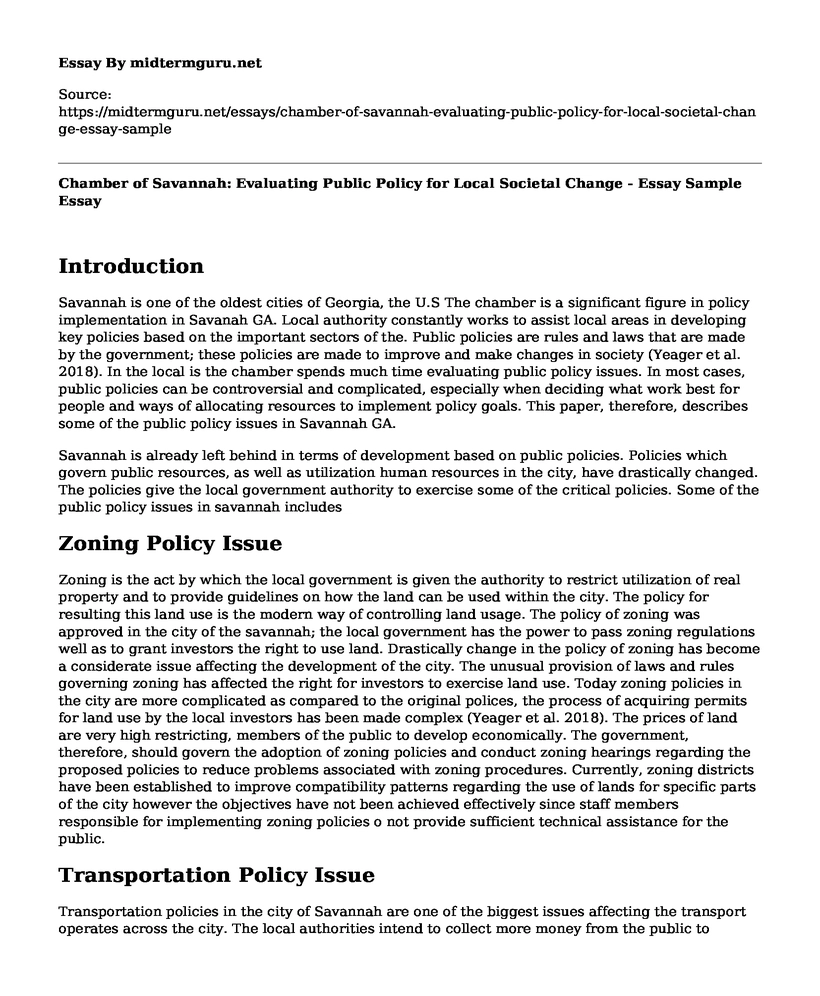 Chamber of Savannah: Evaluating Public Policy for Local Societal Change - Essay Sample