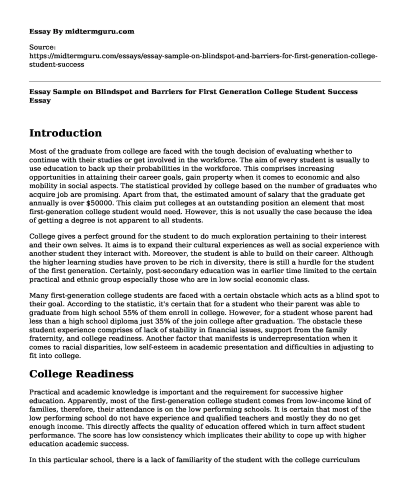 Essay Sample on Blindspot and Barriers for First Generation College Student Success