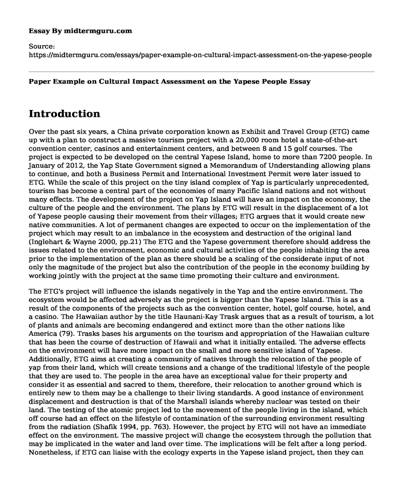 Paper Example on Cultural Impact Assessment on the Yapese People