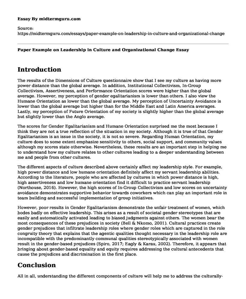 Paper Example on Leadership in Culture and Organizational Change