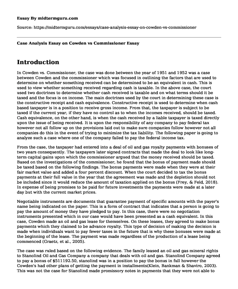 Case Analysis Essay on Cowden vs Commissioner