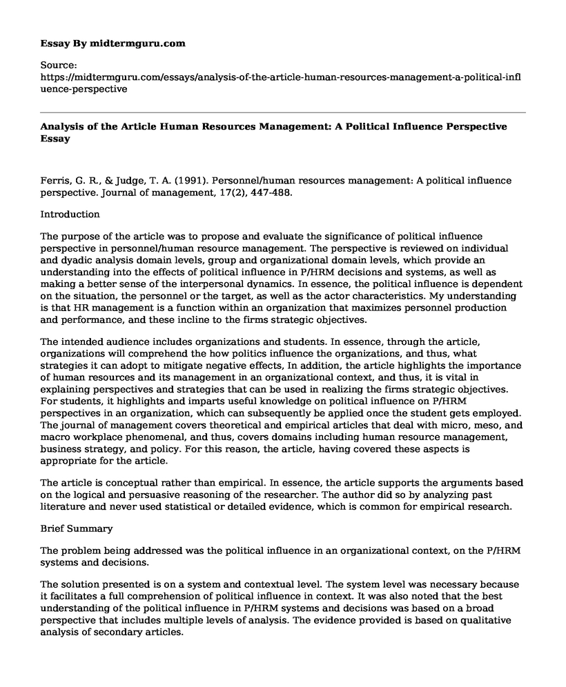 Analysis of the Article Human Resources Management: A Political Influence Perspective