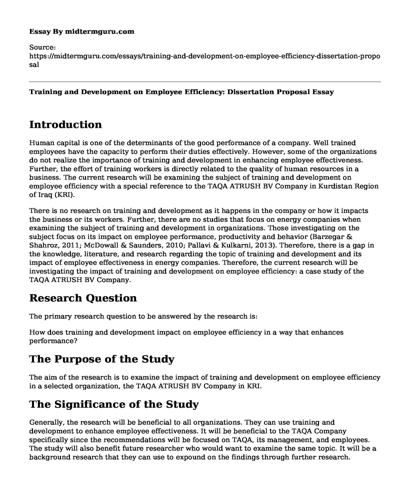 Training and Development on Employee Efficiency: Dissertation Proposal