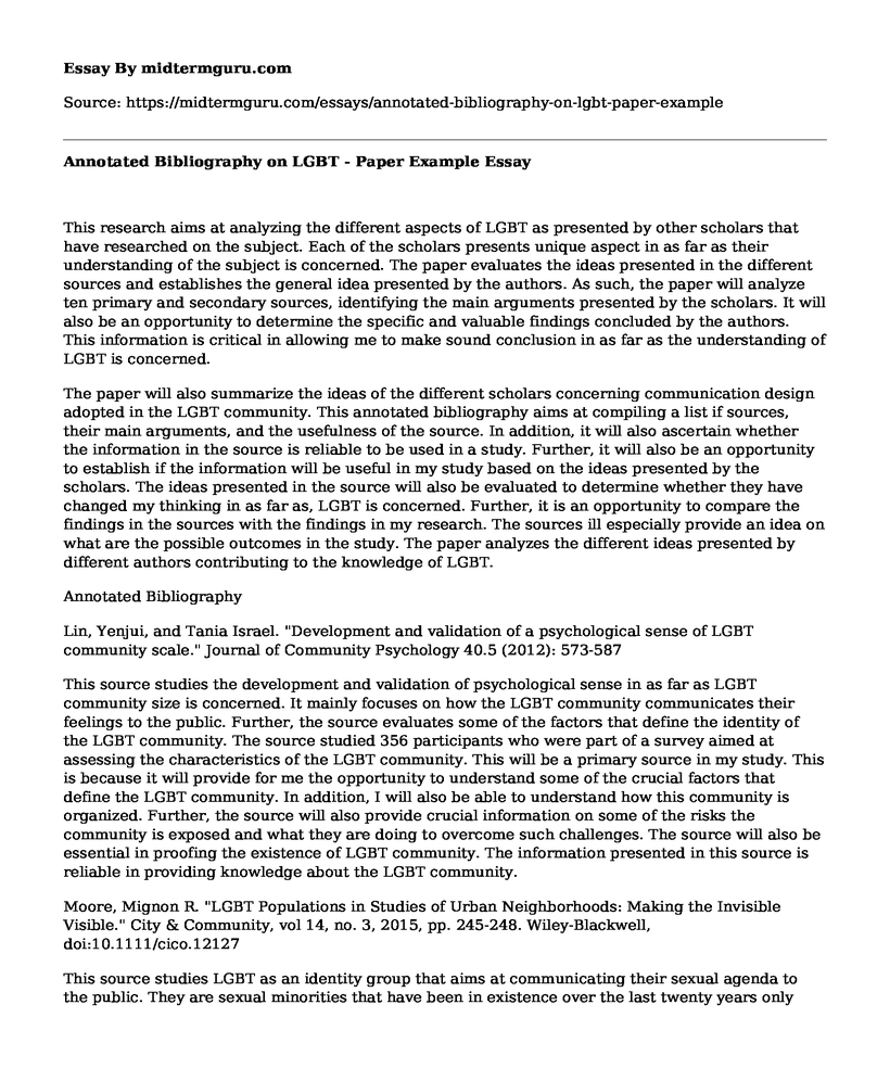Annotated Bibliography on LGBT - Paper Example