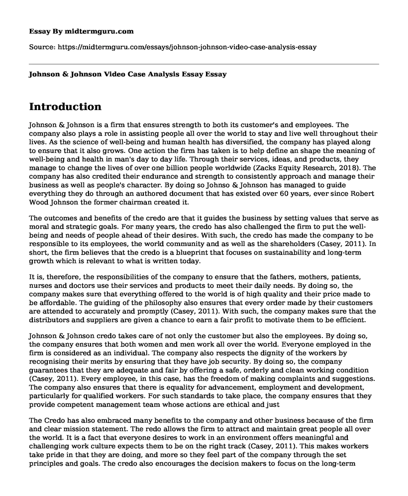 Johnson & Johnson Video Case Analysis Essay