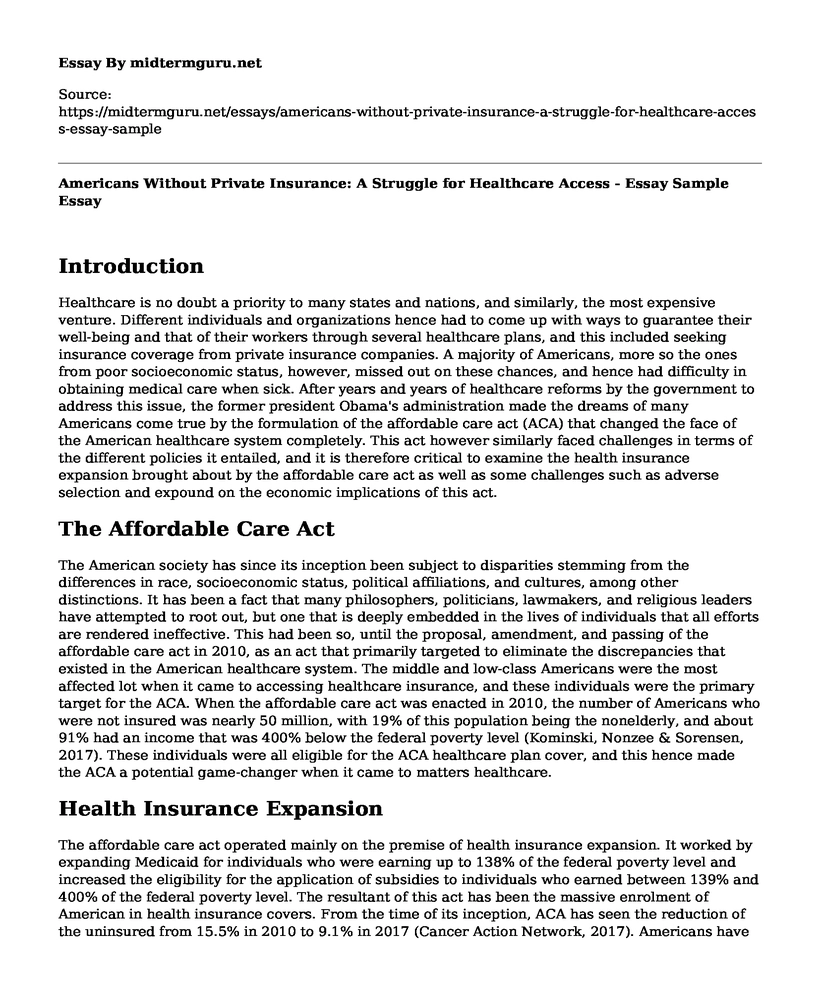 Americans Without Private Insurance: A Struggle for Healthcare Access - Essay Sample