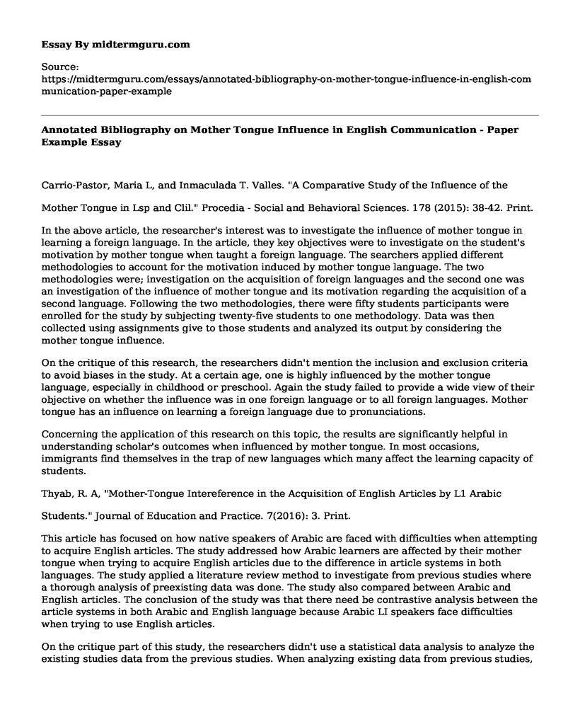 Annotated Bibliography on Mother Tongue Influence in English Communication - Paper Example
